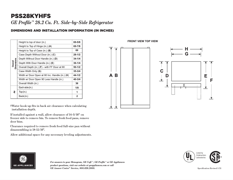 Page n°1 - Fiche technique GE Profile PSS28KYHFS