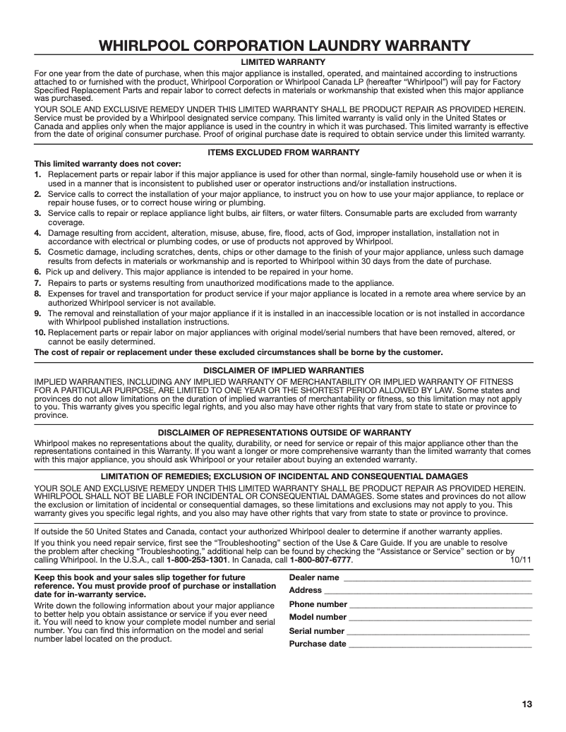 Page 1 de la notice Mode d'emploi Whirlpool WED4985E