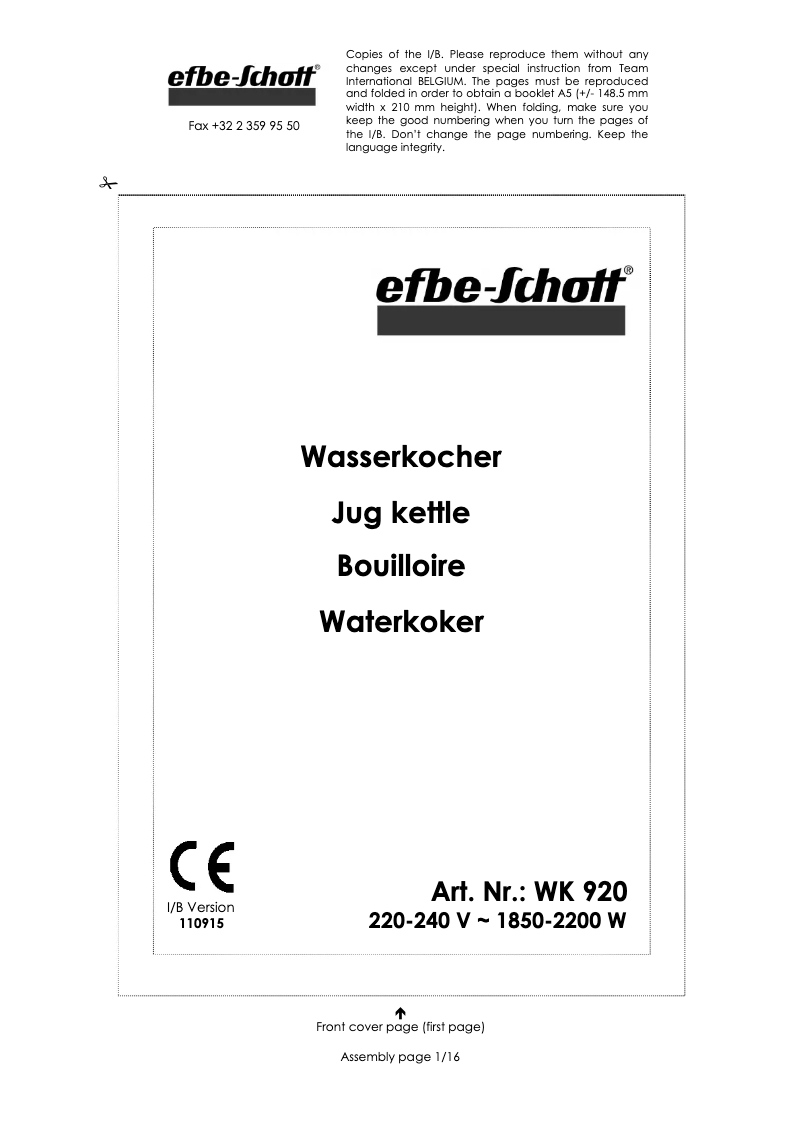 Page 1 de la notice Manuel utilisateur Efbe-Schott WK 920