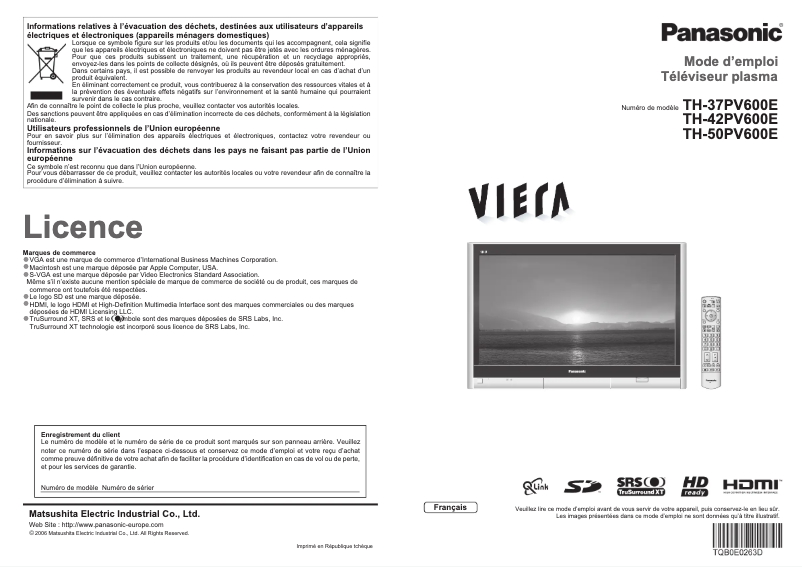 Page 1 de la notice Manuel utilisateur Panasonic TH-50PV600E