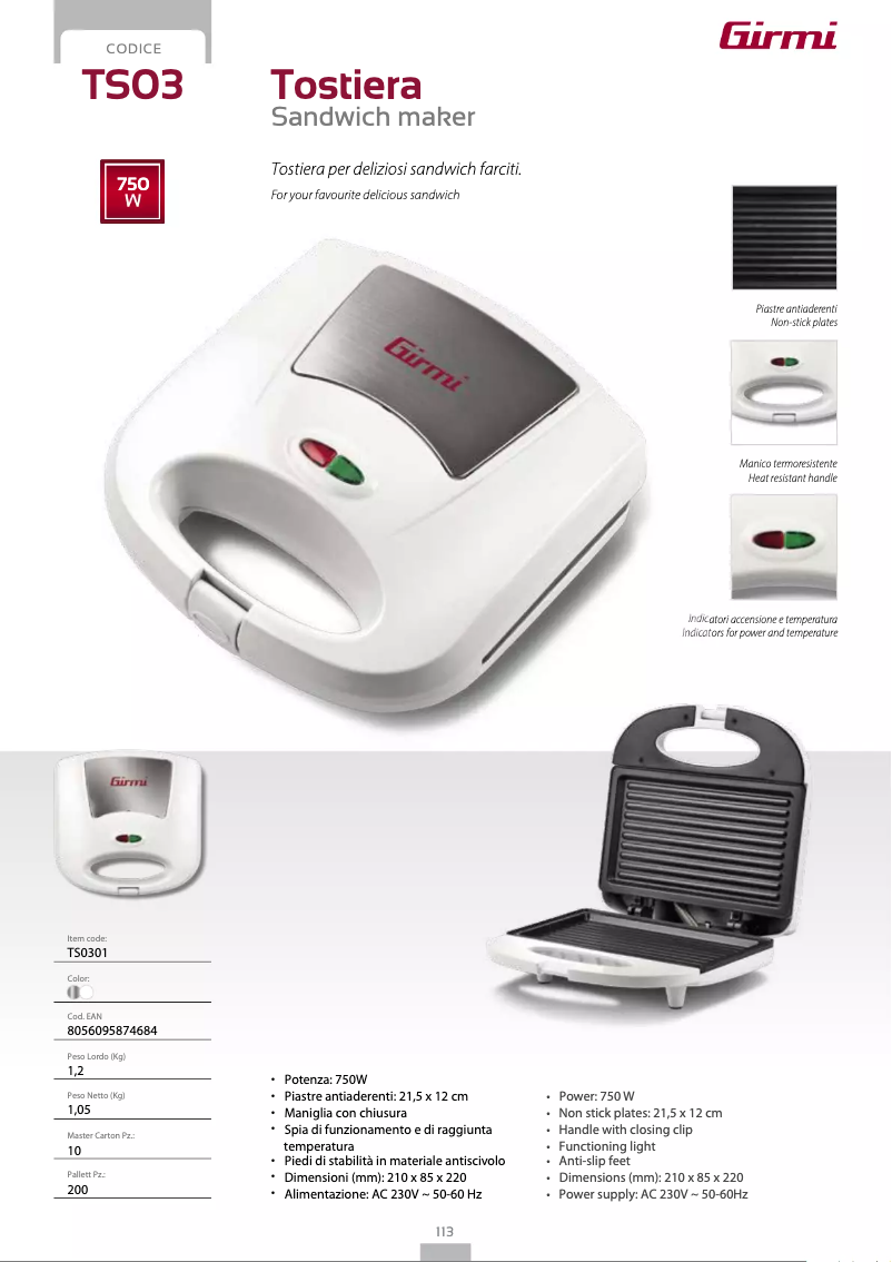 Página 1 del manual Ficha técnica Girmi TS03