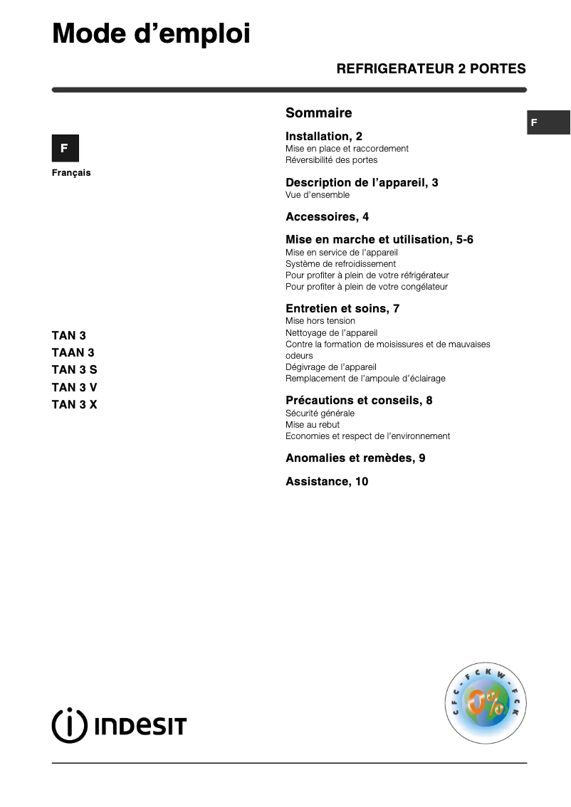 Page 1 de la notice Manuel utilisateur Indesit TAN 3 S (FR)