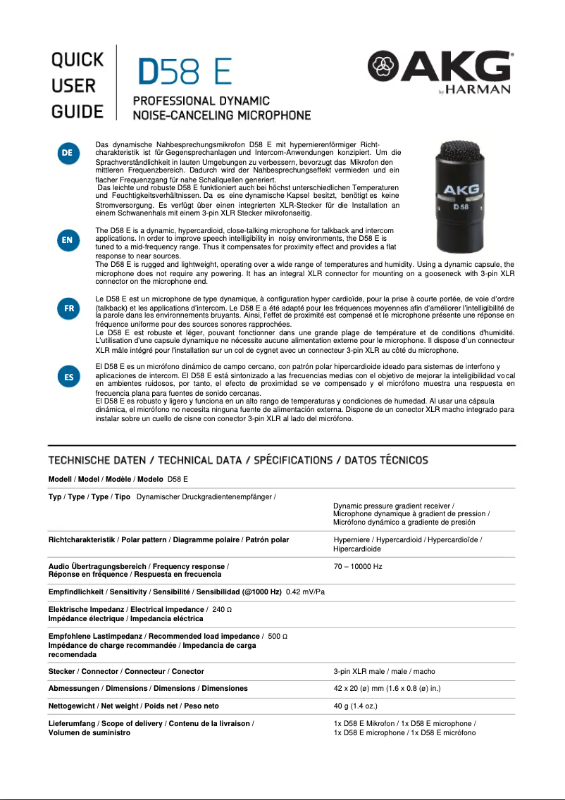 Page 1 de la notice Manuel utilisateur AKG D58 E