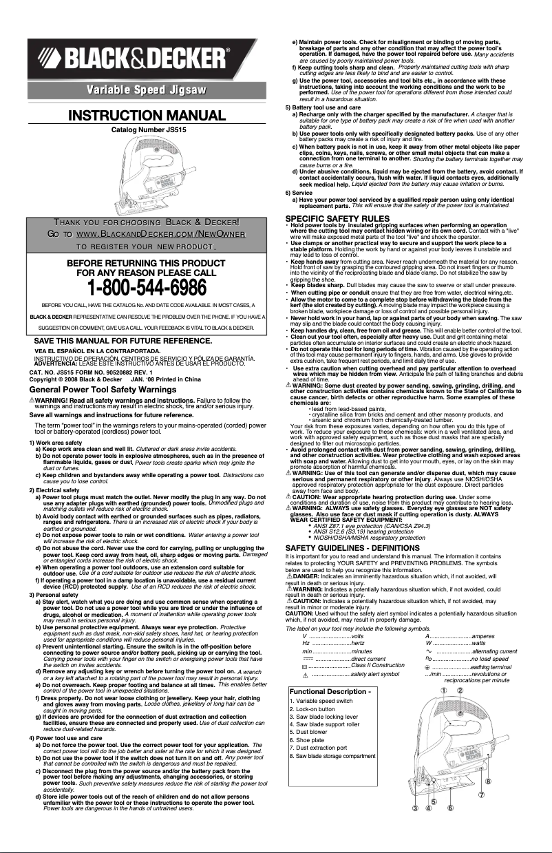 Page 1 de la notice Manuel utilisateur Black & Decker JS515B