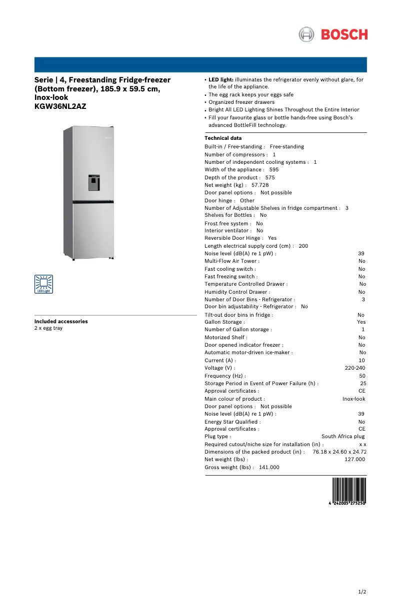 Page 1 of the manual Technical Sheet Bosch KGW36NL2AZ