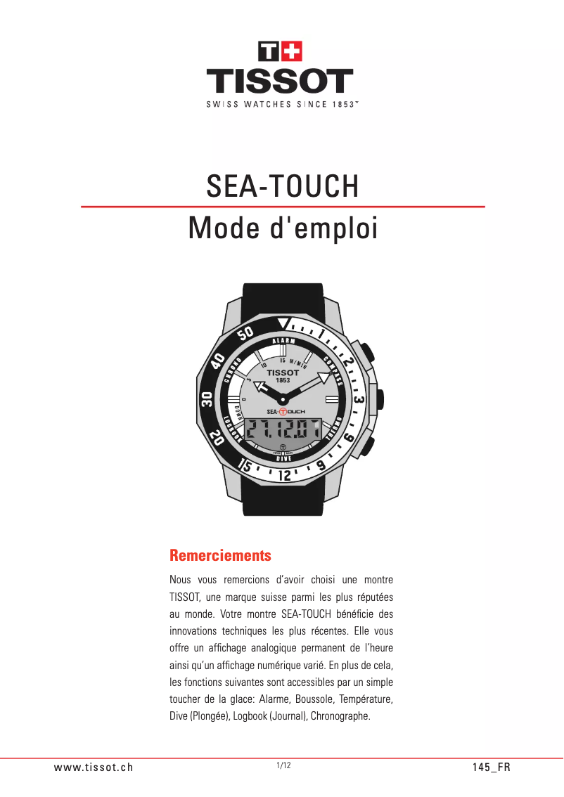 Page 1 de la notice Manuel utilisateur Tissot Sea Touch 145