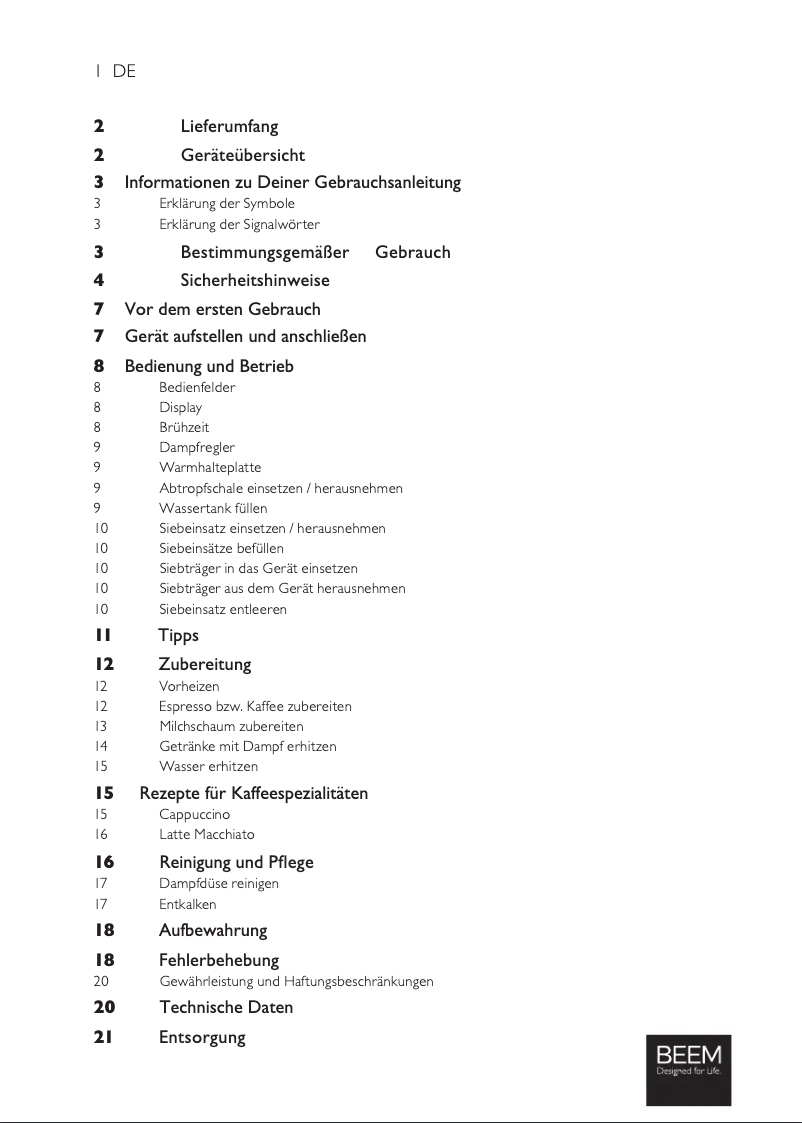 Página 1 del manual Manual de usuario BEEM Espresso Select Touch