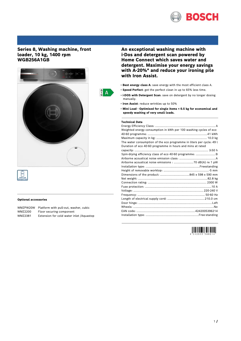 Page 1 de la notice Fiche technique Bosch WGB256A1GB