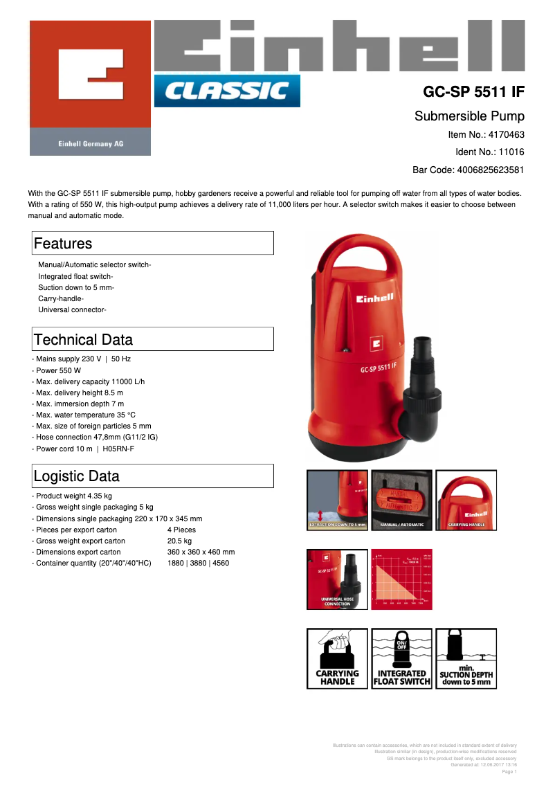 Page 1 de la notice Fiche technique Einhell GC-SP 5511 IF