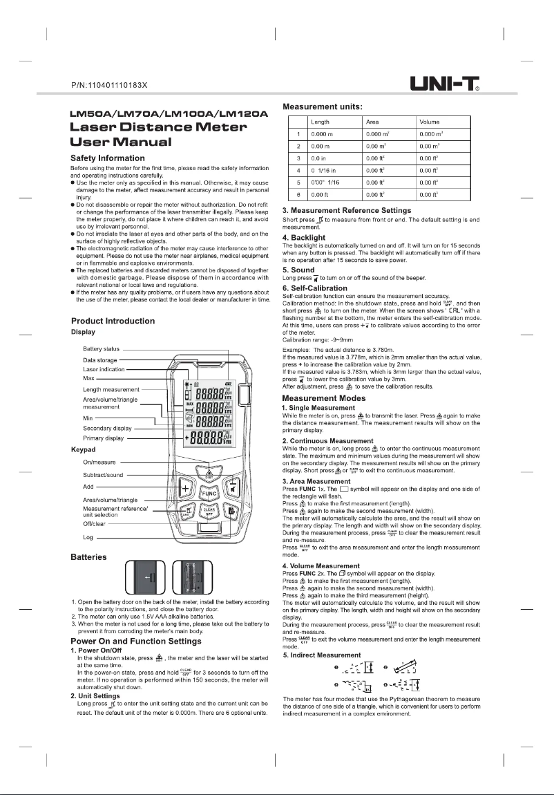 Page 1 de la notice Manuel utilisateur Uni-T LM120A