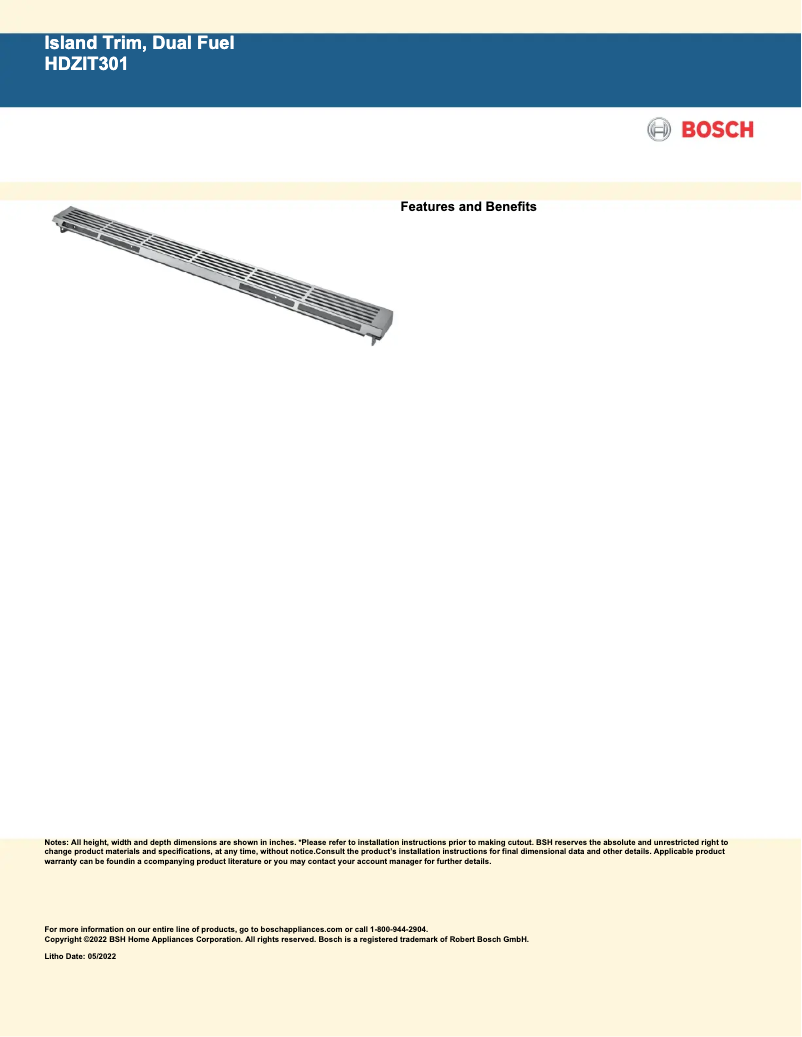 Page 1 of the manual Technical Sheet Bosch HDZIT301