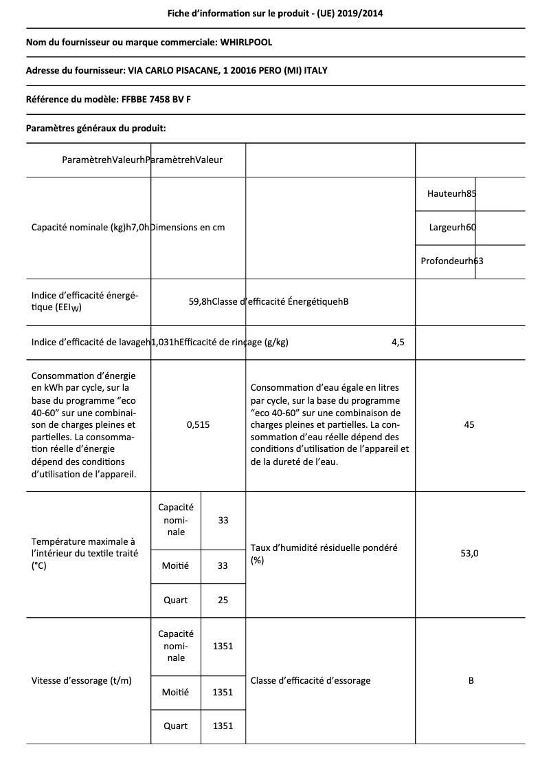 Página 1 del manual Ficha técnica Whirlpool FFBBE 7458 BV F