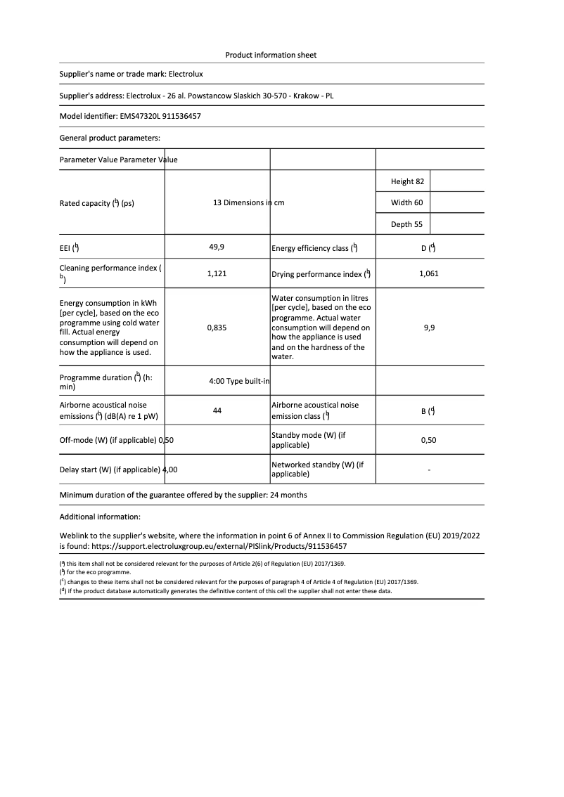 Página 1 del manual Ficha técnica Electrolux EMS47320L