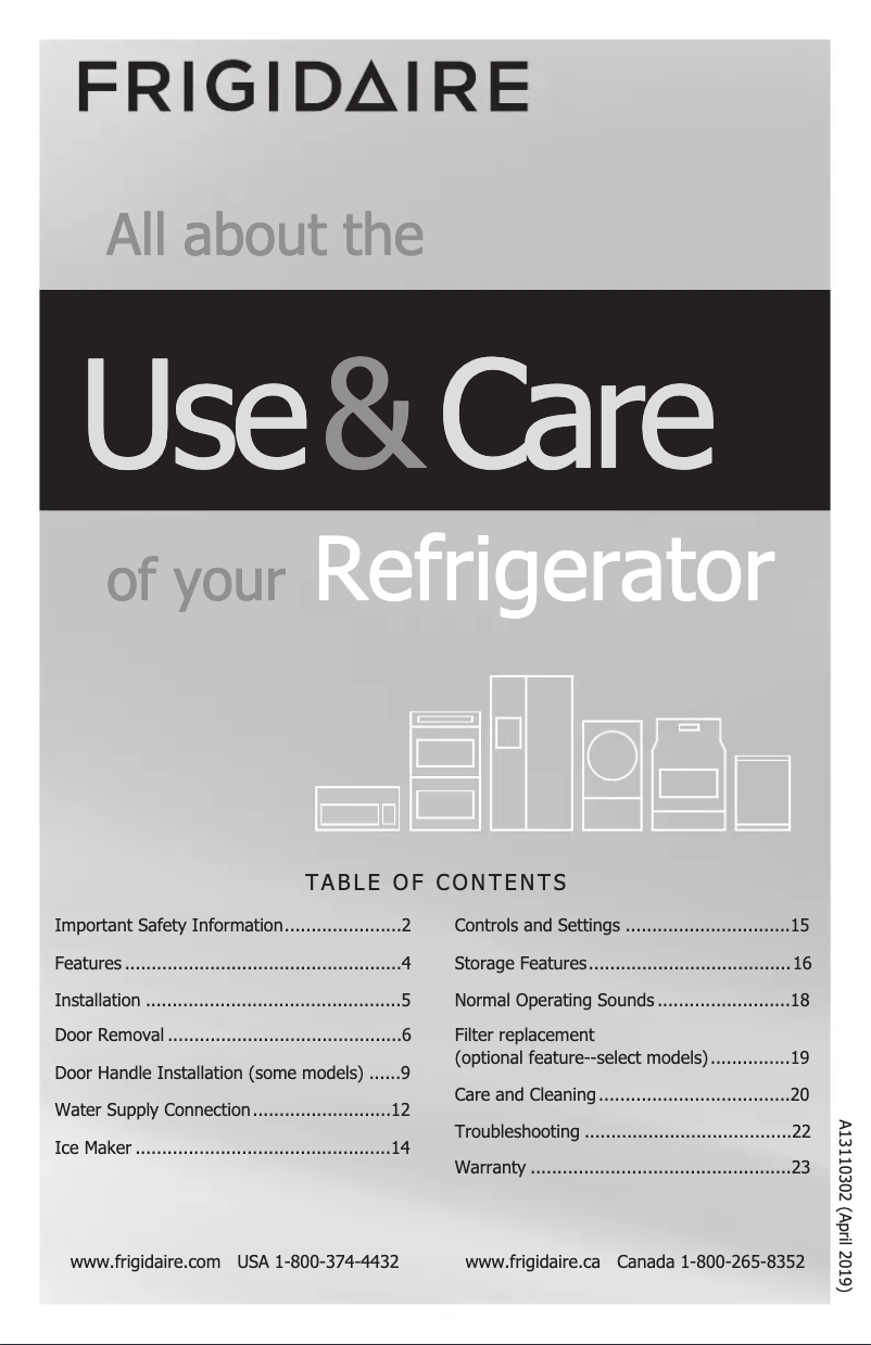 Page 1 de la notice Manuel d'utilisation et d'entretien Frigidaire FFTR2045VW