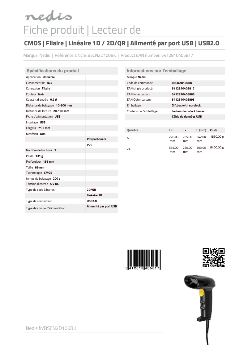 Page 1 de la notice Manuel utilisateur Nedis BSCN2D100BK