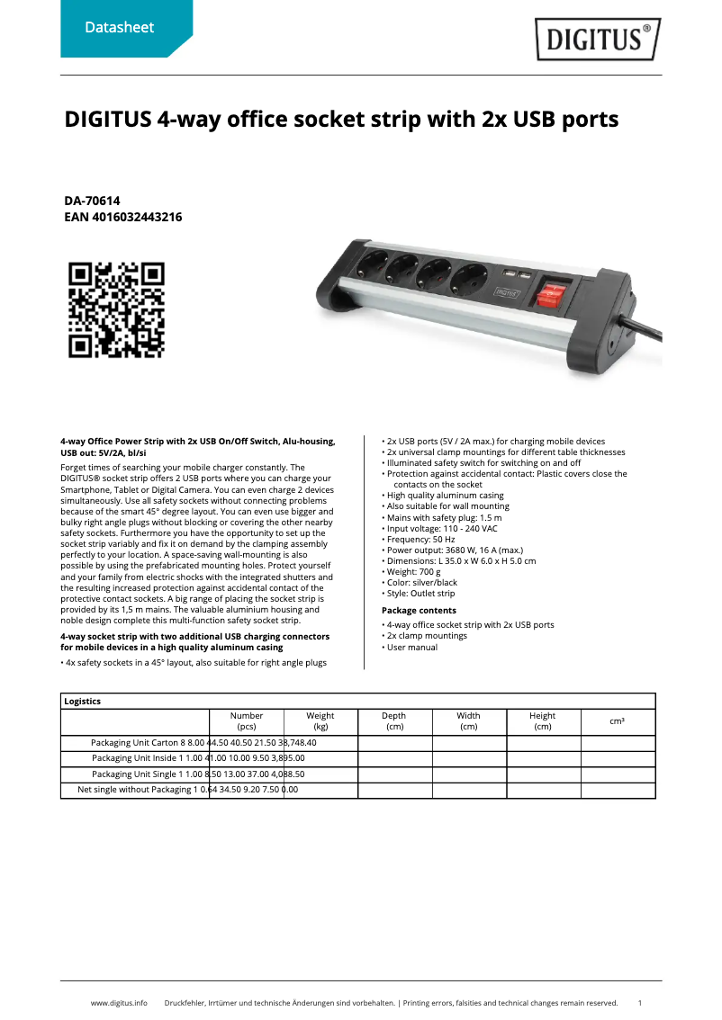 Page 1 de la notice Fiche technique Digitus DA-70614