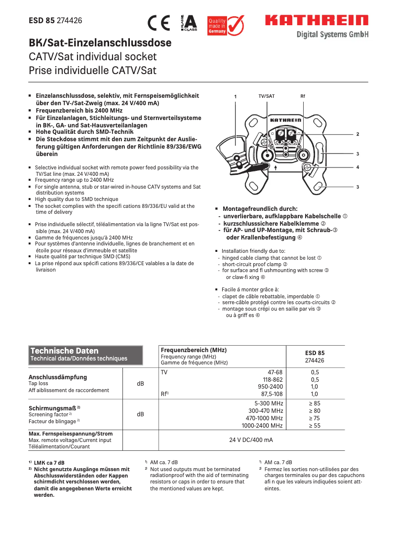 Page 1 de la notice Manuel utilisateur Kathrein ESD 85