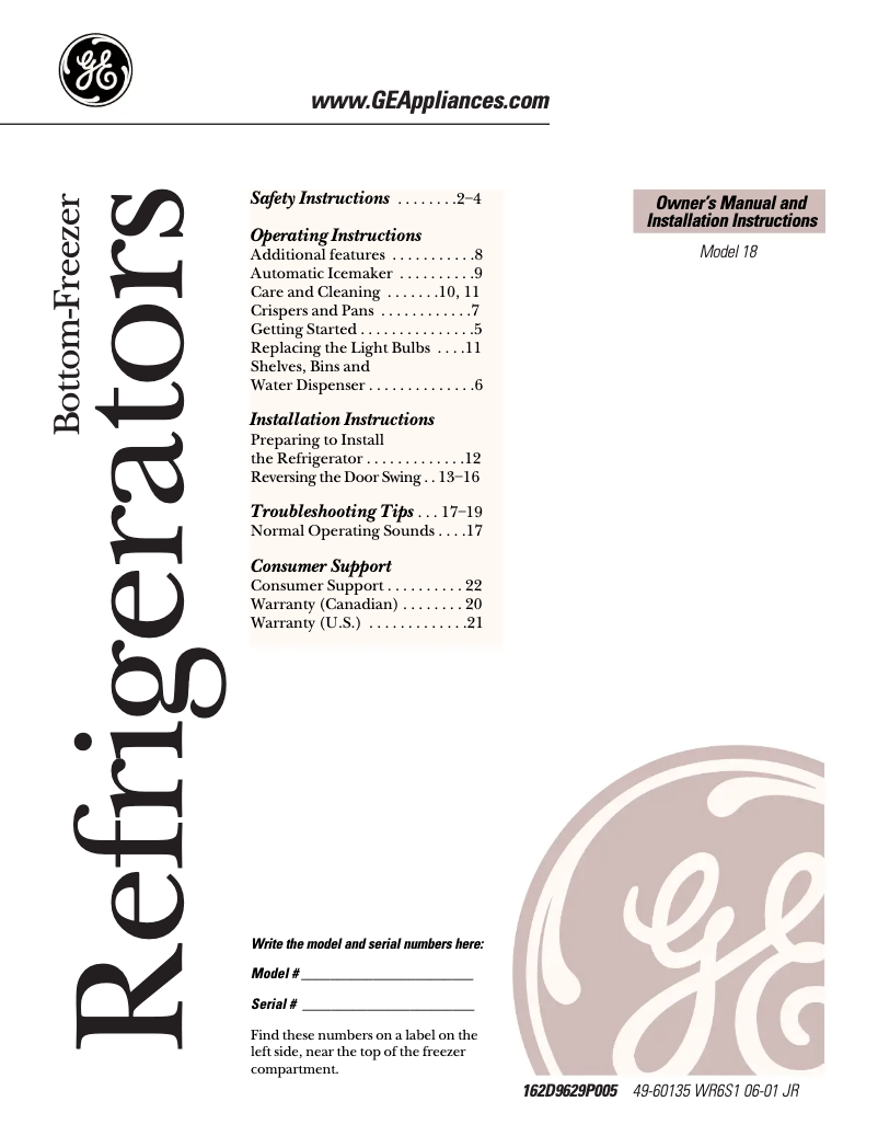 Page n°1 - Manuel utilisateur GE PBA18KZMCC