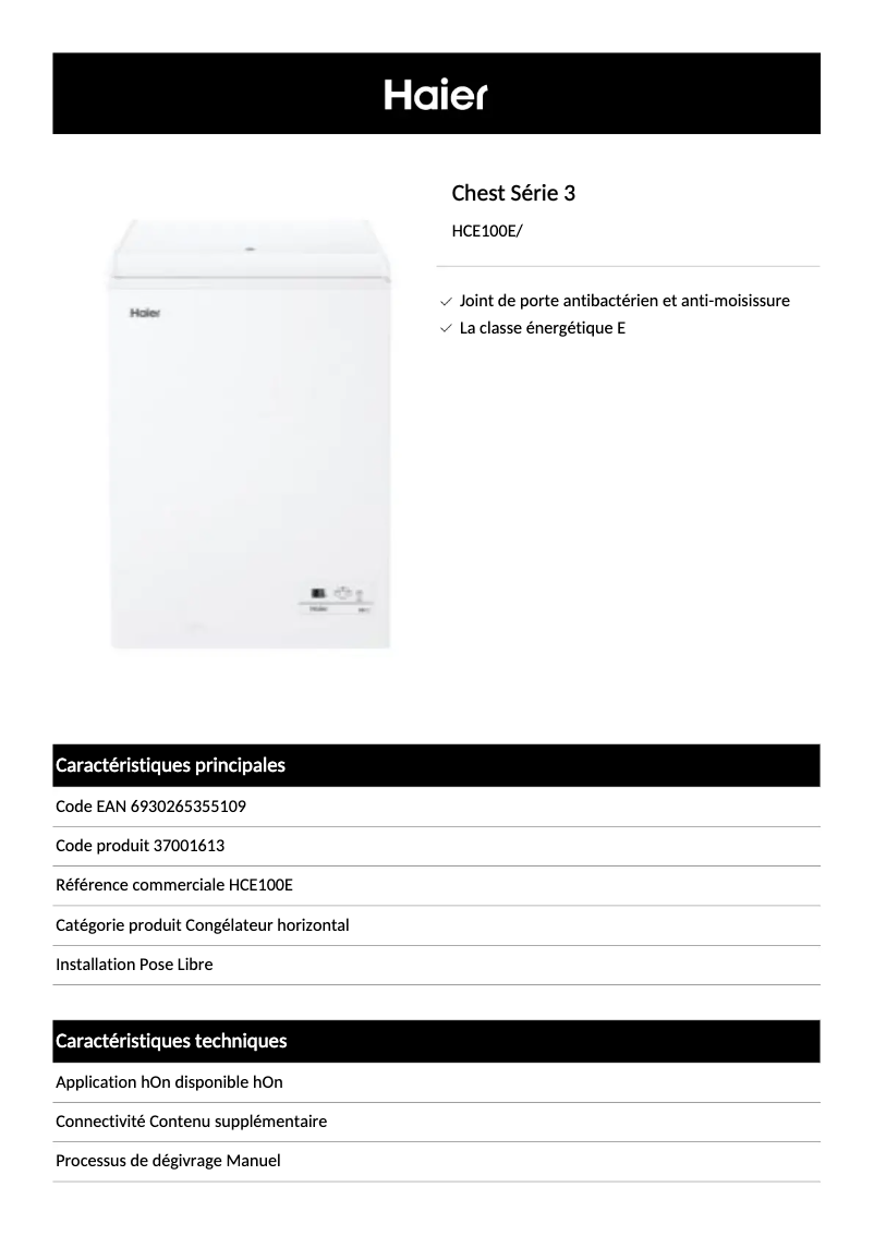 Page 1 de la notice Fiche technique Haier HCE100E