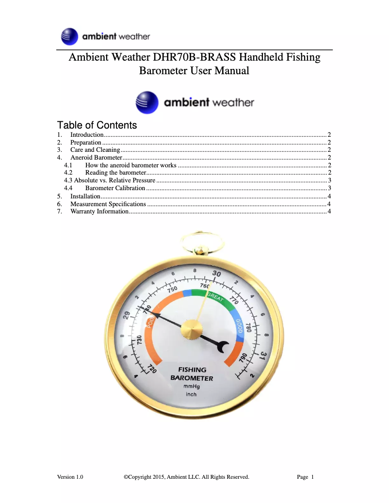 Page 1 de la notice Manuel utilisateur Ambient Weather DHR70B-BRASS