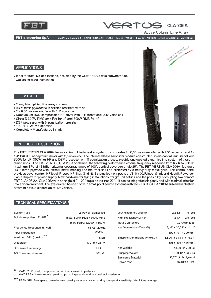 Page 1 de la notice Fiche technique FBT Vertus CLA 206 A