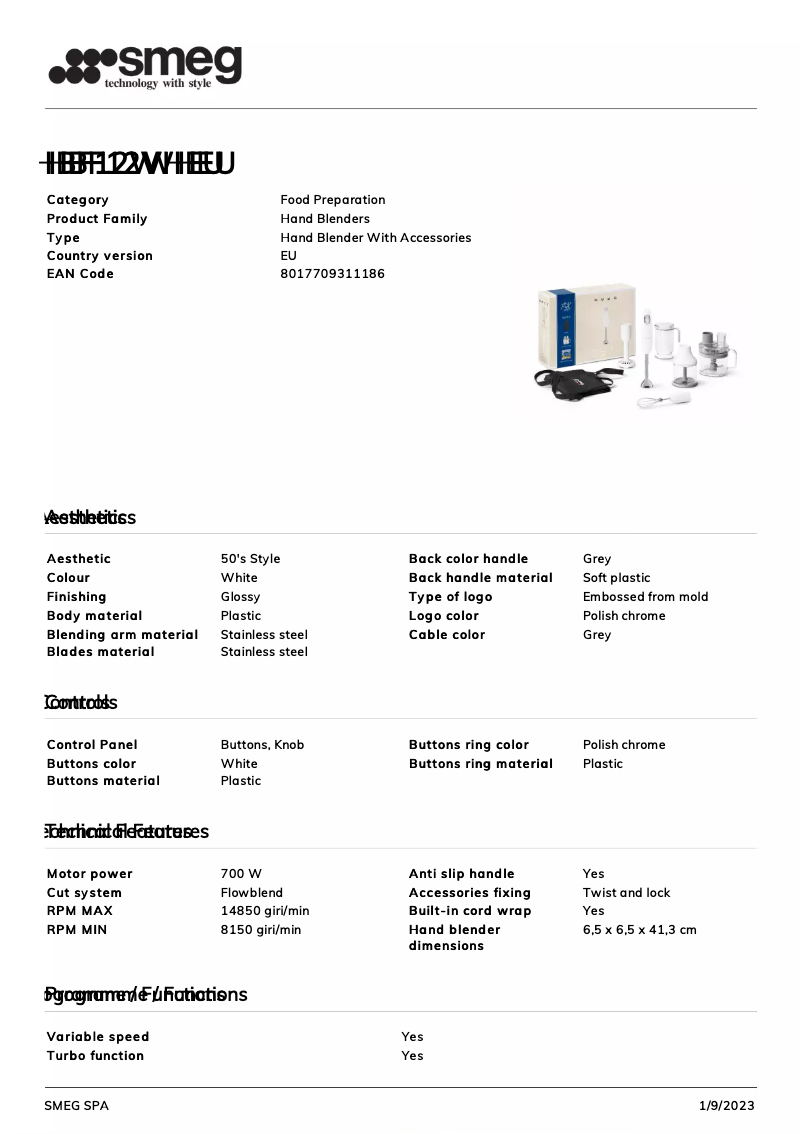 Page 1 de la notice Fiche technique Smeg HBF12WHEU
