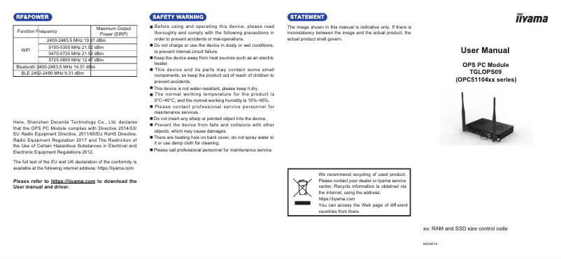 Page 1 de la notice Manuel utilisateur Iiyama TGLOPS09