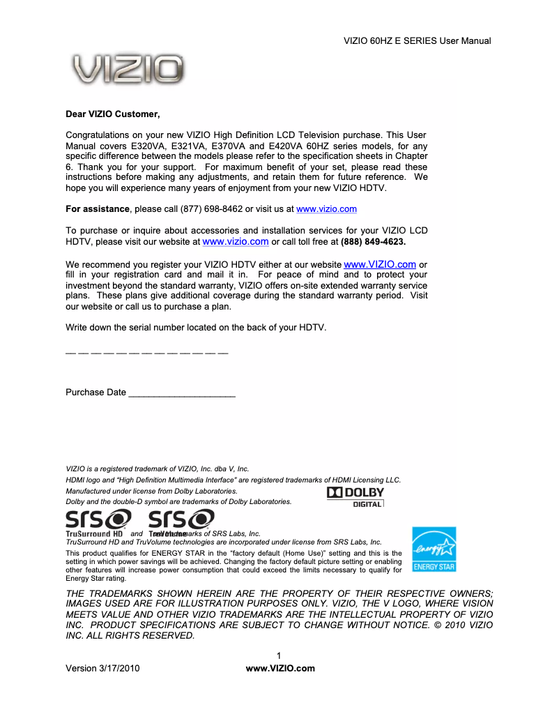 Page 1 de la notice Manuel utilisateur VIZIO E370VA