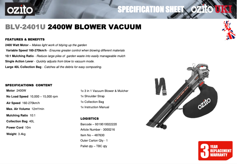 Page 1 de la notice Fiche technique Ozito BLV-2401U