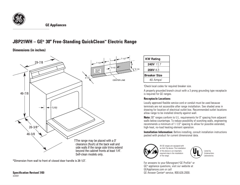 Página 1 del manual Ficha técnica GE JBP21WHWW
