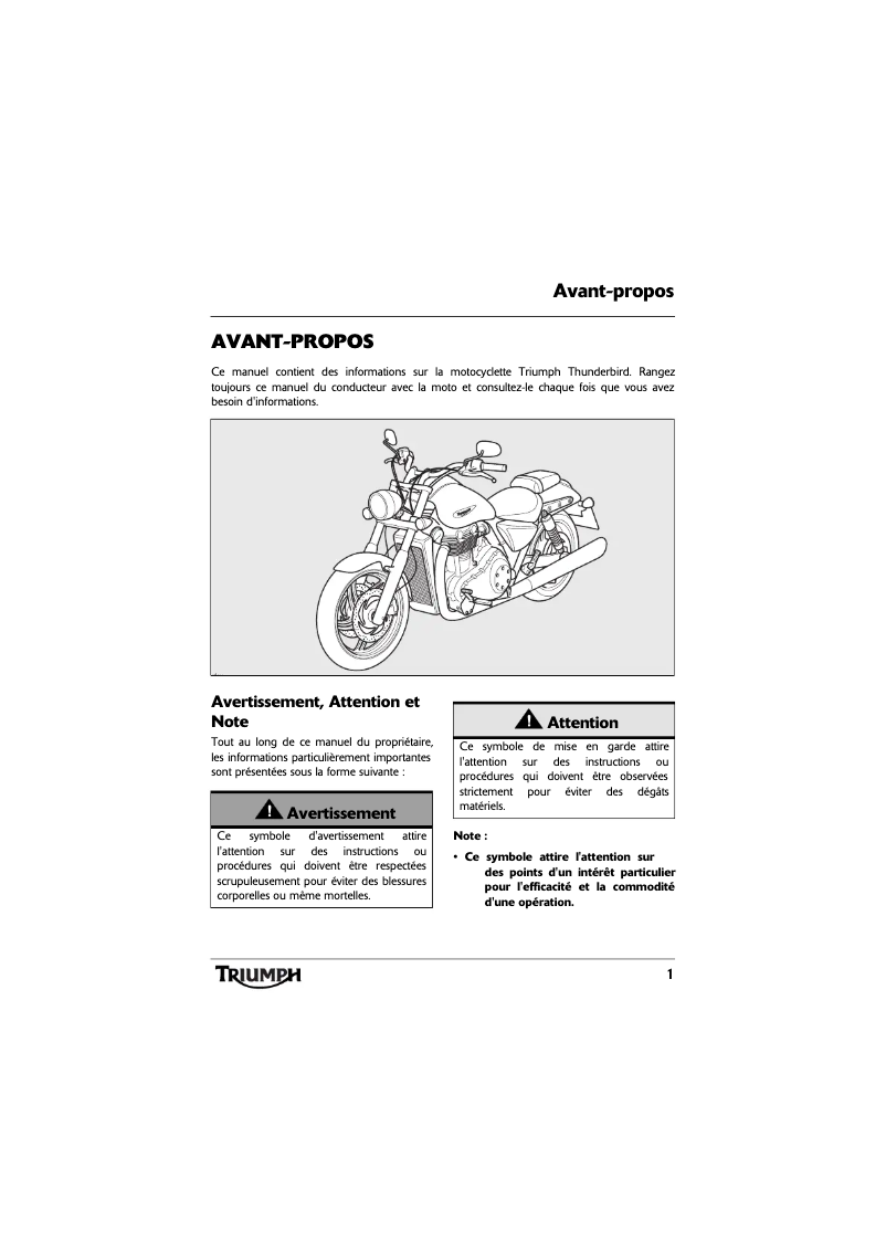 Page 1 de la notice Manuel utilisateur Triumph Thunderbird Storm (2011)