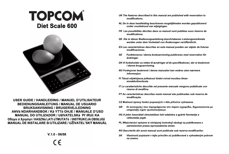 Page 1 de la notice Manuel utilisateur Topcom Diet scale 600