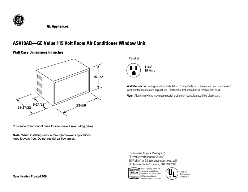 Página 1 del manual Ficha técnica GE ASV10AB