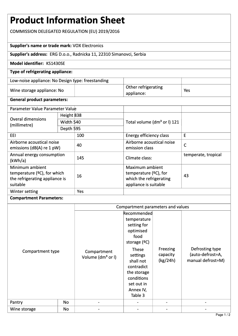 Página 1 del manual Ficha técnica VOX KS1430SE