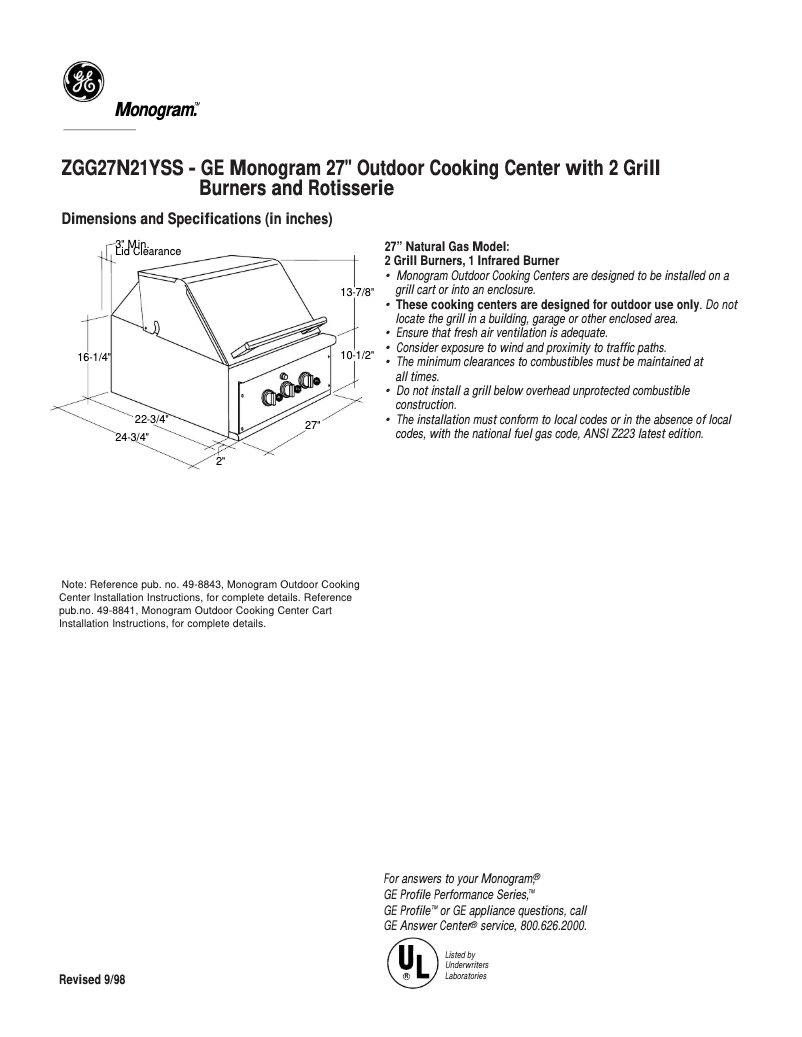 Page 1 de la notice Fiche technique GE ZGG27N21YSS