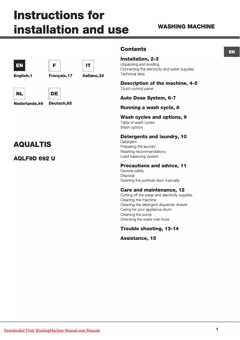 Page 1 de la notice Manuel utilisateur Ariston Thermo Aqualtis AQLF9D 692 U