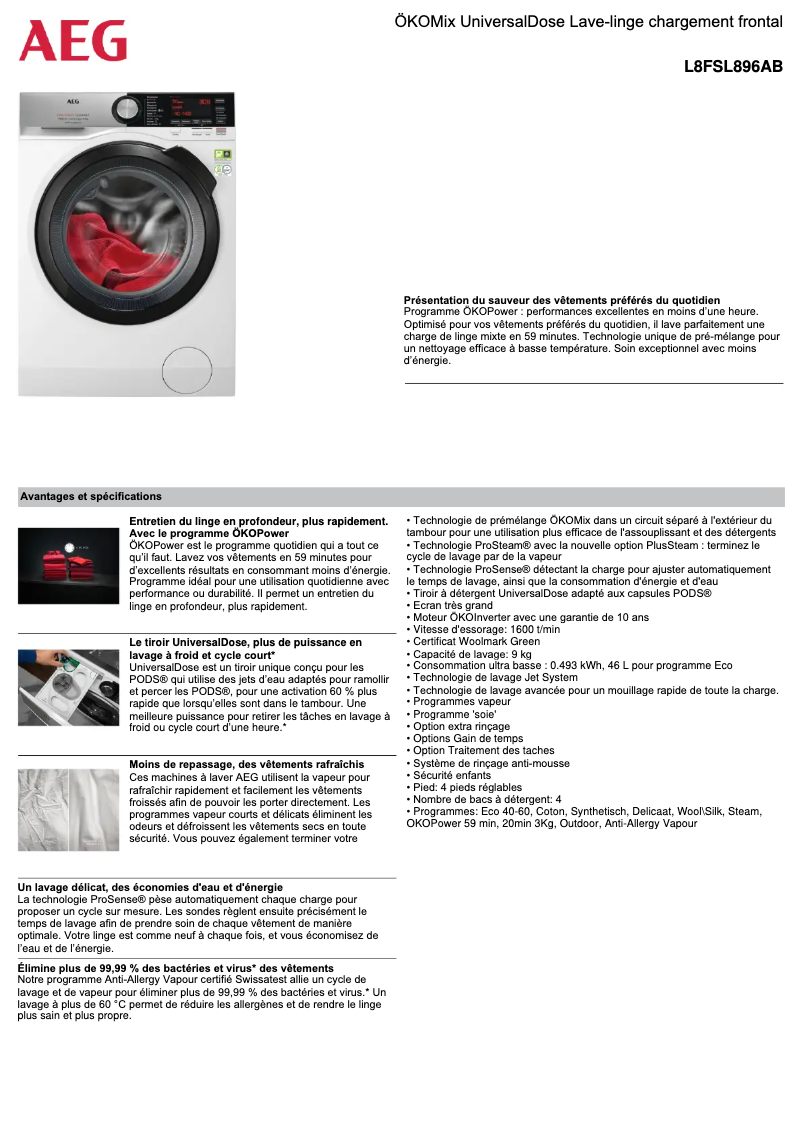 Página 1 del manual Ficha técnica AEG L8FSL896AB