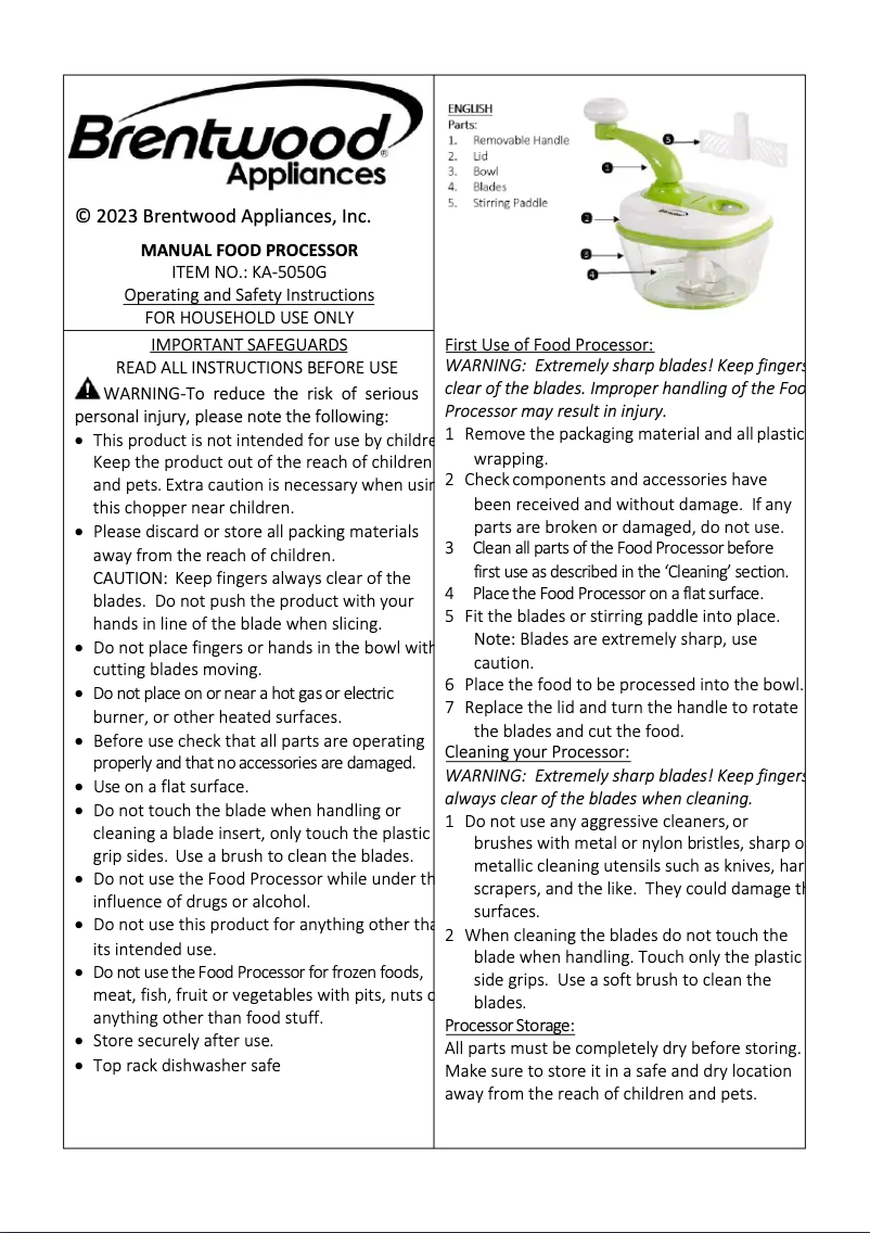 Page 1 de la notice Manuel utilisateur Brentwood KA-5050G