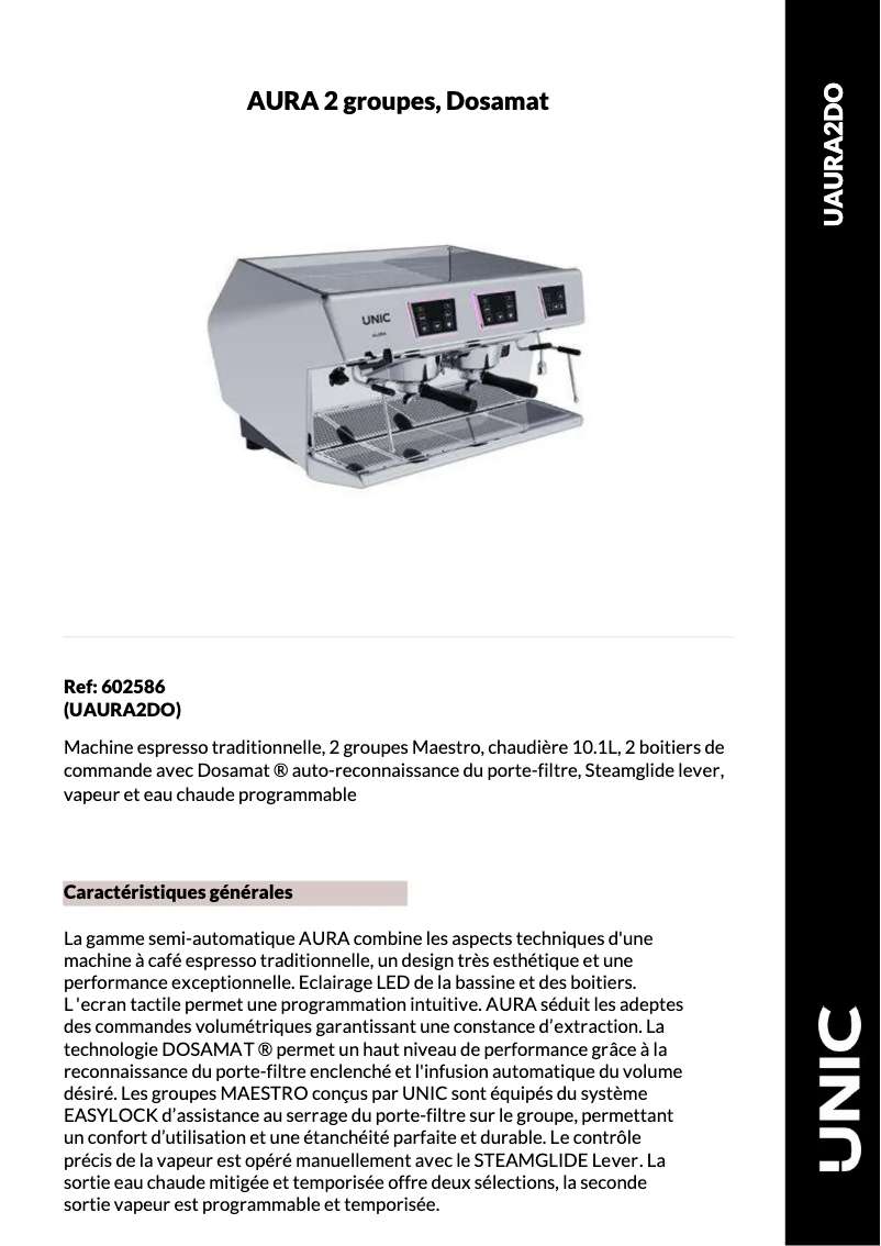 Page 1 de la notice Fiche technique UNIC AURA 2
