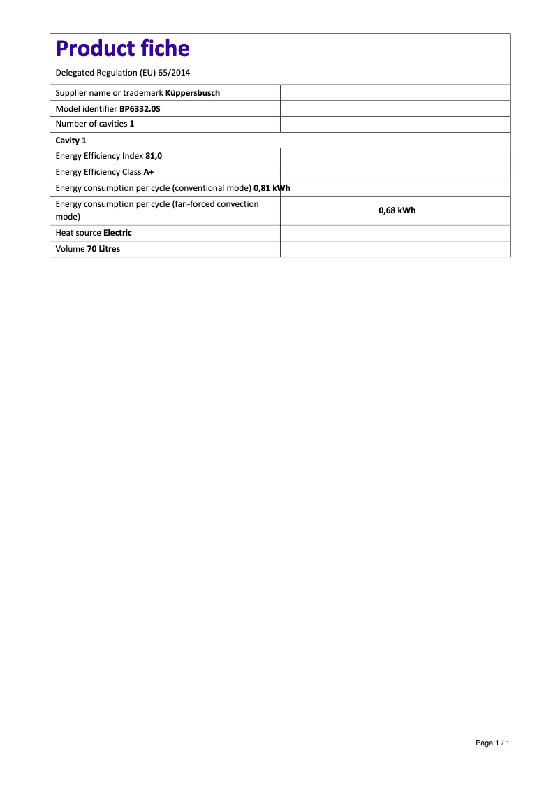Page 1 de la notice Label énergétique Küppersbusch PizzaMeister BP6332.0S