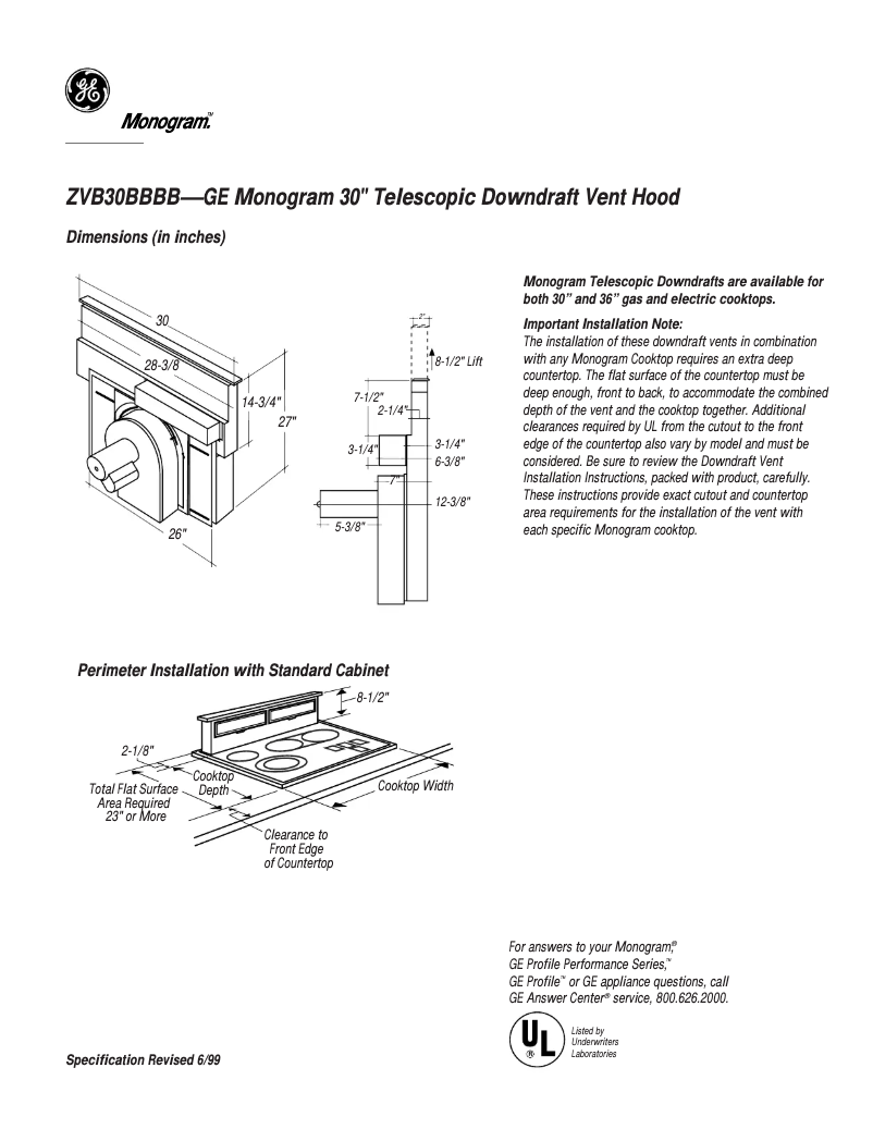 Page n°1 - Fiche technique GE ZVB30BBBB