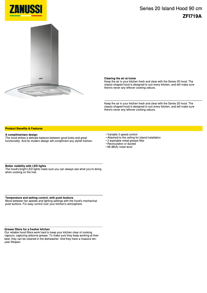 Page 1 de la notice Fiche technique Zanussi ZFI719A