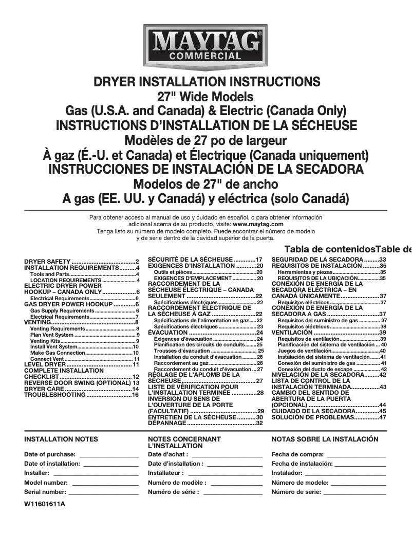 Page 1 de la notice Guide d'installation Maytag MEDP585GW