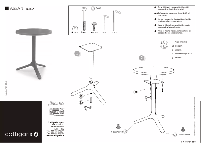 Page 1 of the manual User Manual Calligaris .com Area T CS/4067-A D60