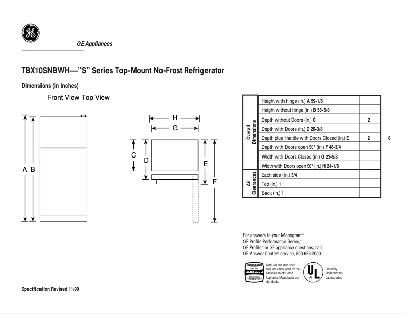 Page 1 of the manual Technical Sheet GE TBX10SNBRWH