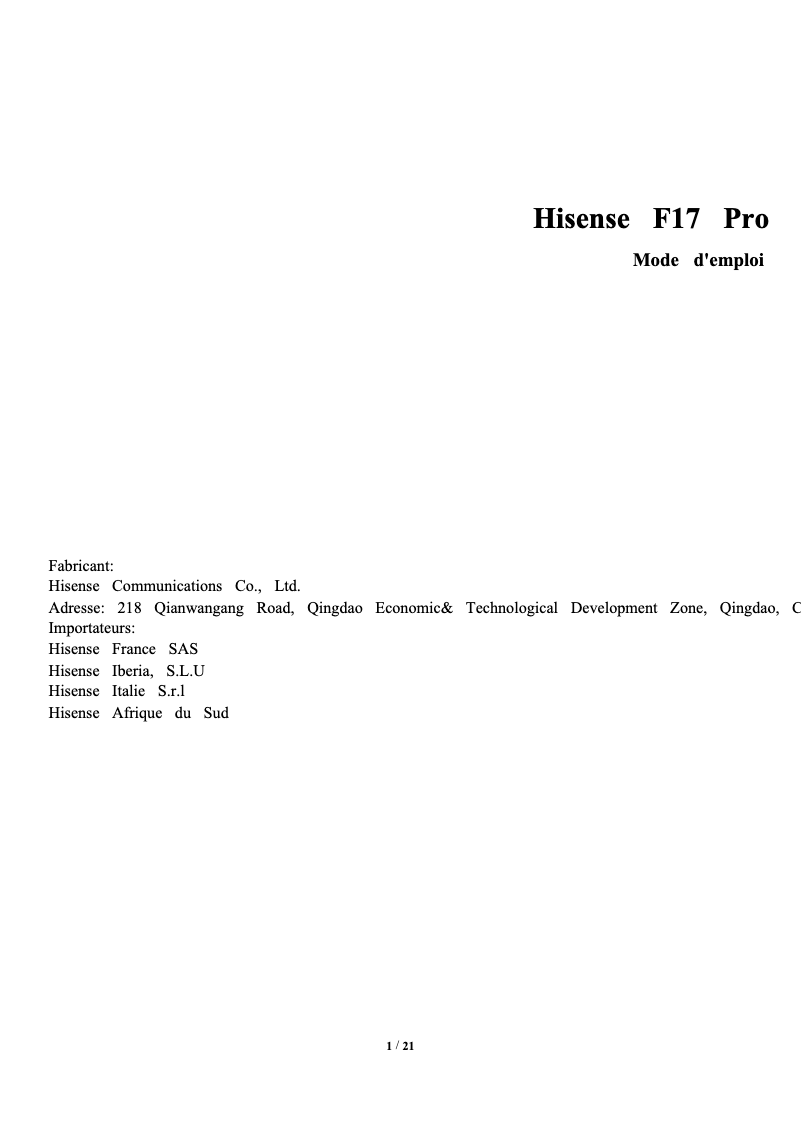 Page 1 de la notice Manuel utilisateur Hisense Infinity F17 Pro