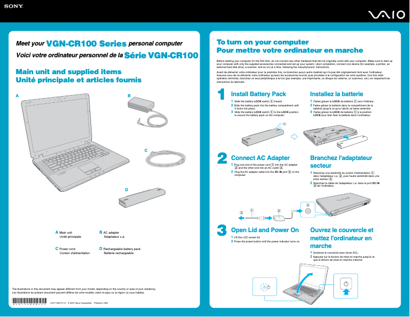 Page 1 de la notice Guide d'installation Sony Vaio VGN-CR116E