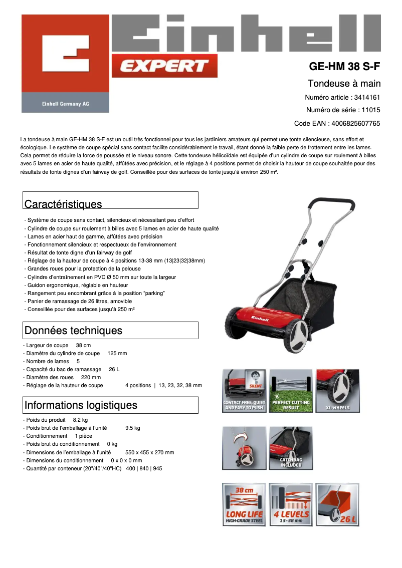 Página 1 del manual Ficha técnica Einhell GE-HM 38 S-F