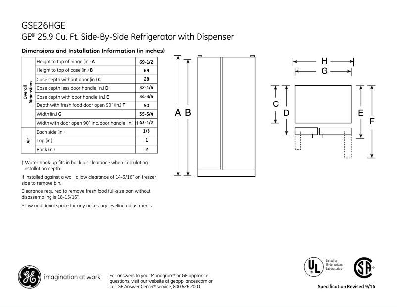 Page 1 of the manual Technical Sheet GE GSE26HGEBB