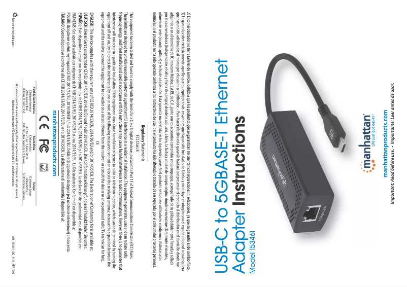 Page 1 de la notice Mode d'emploi Manhattan USB-C to 5GBASE-T Ethernet 153461
